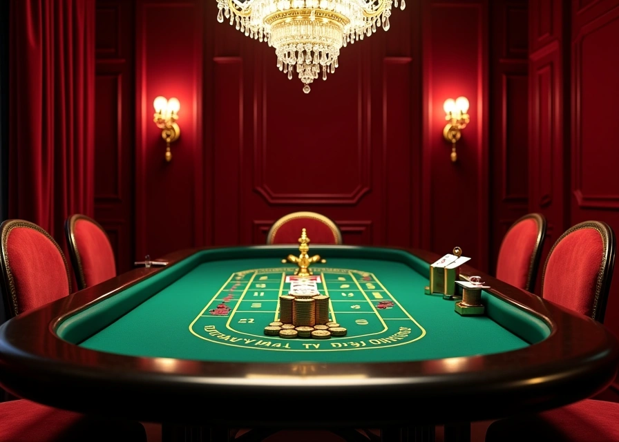 Royal Reels Casino — elegant private baccarat salon with gold chips