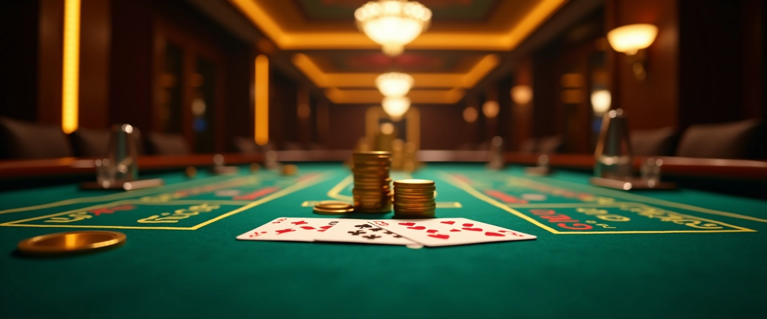 Elegant online baccarat table at Royal Reels — cards and gold chips on green felt under a spotlight